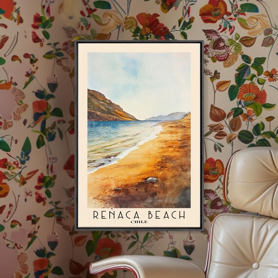 Reñaca Beach Chile Golden Sand Cliff Beach Watercolor Travel Poster