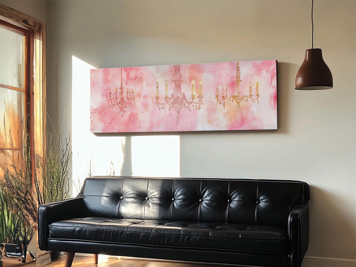 Pink Watercolor Chandeliers Trio Romantic Horizontal Wall Art Poster - Image 2