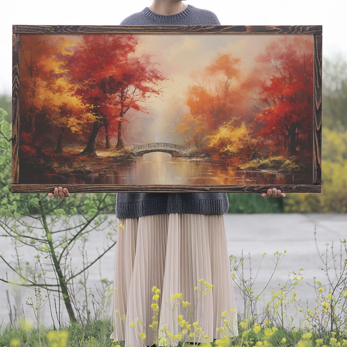 Autumn Park Bridge Over Calm Water Red Foliage Misty Fall Art Poster - Image 2