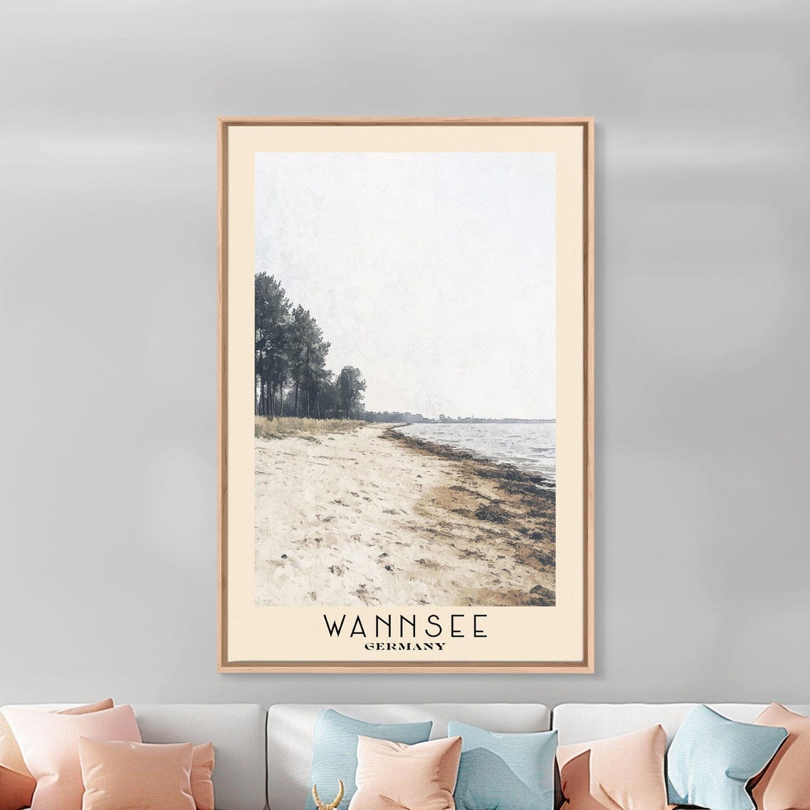 Wannsee Germany Lakeshore Pine Trees Sandy Beach Watercolor Poster - Image 2