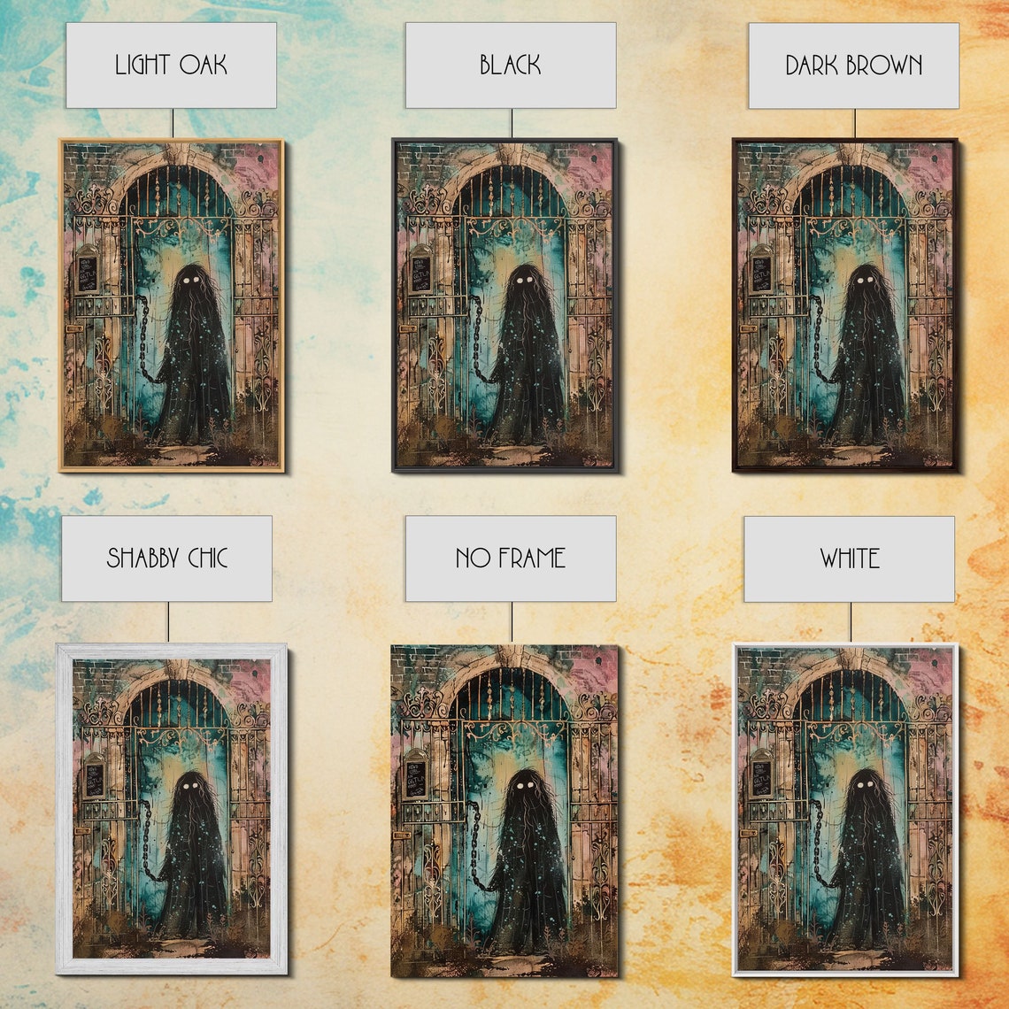 Shadow Ghost Glowing Eyes Locked Iron Gate Spooky Art Poster - Image 2