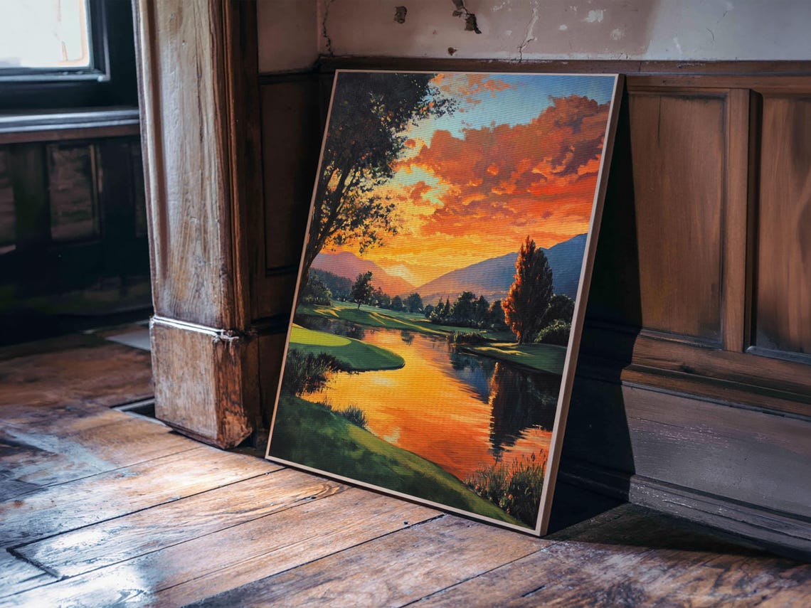 Golden Sunset Golf Framed Print Landscape Wall Art Rustic Horizontal Decor Living Room Painting Gift Idea For Him