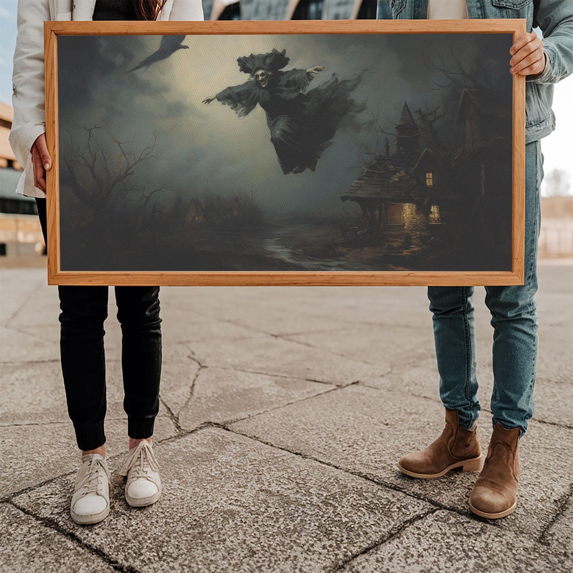 Witch Flying on Broomstick Over Village Night Stormy Sky Art Poster - Image 5