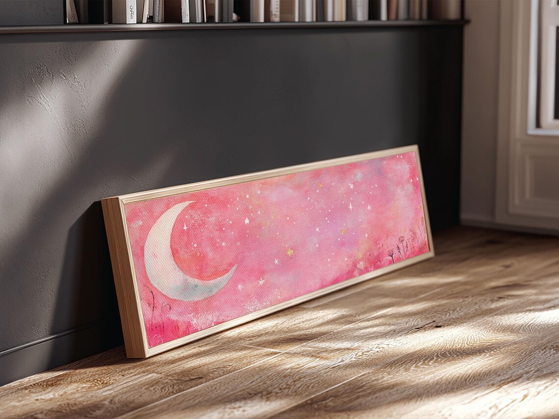 Pink Crescent Moon Starry Night Sky Watercolor Panoramic Dreamy Art Poster - Image 5