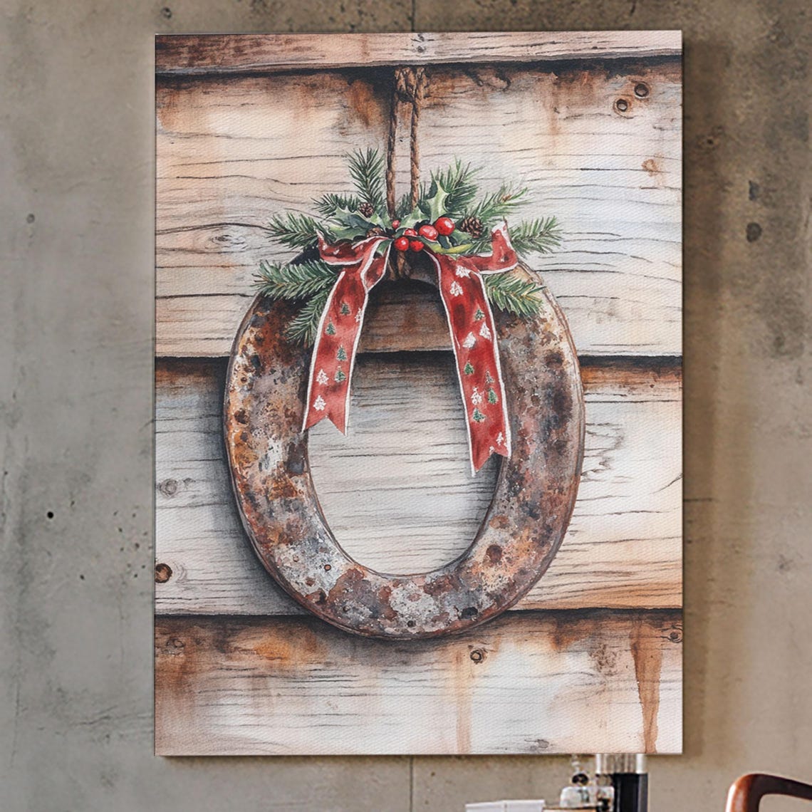 Christmas Horseshoe Rustic Wood Pine Bow Holiday Watercolor Wall Art - Image 3