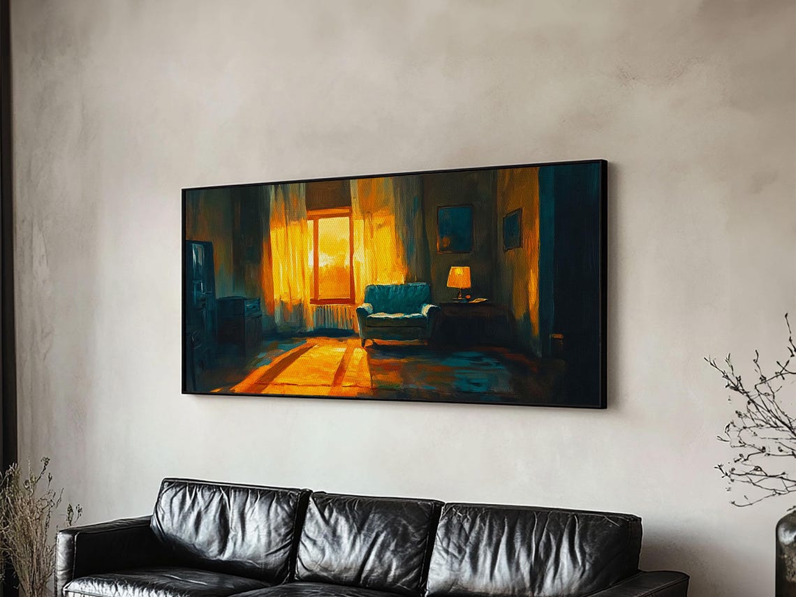 Golden Sunset Window Interior Teal Armchair Warm Lamp Glow Art Poster - Image 5