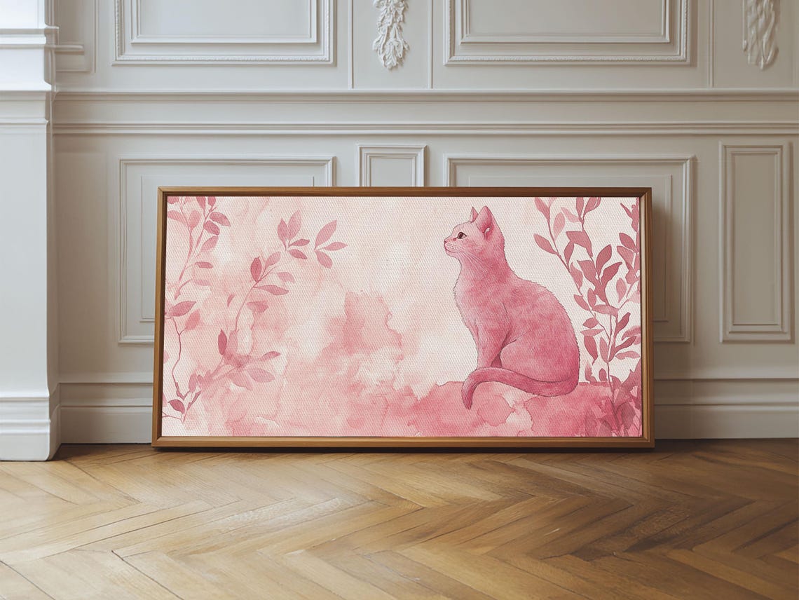 Blush Pink Cat Watercolor With Botanical Leaves Minimalist Wall Poster - Image 3
