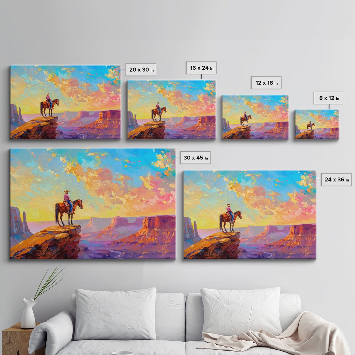 Cowboy On Horseback Canyon Cliff Sunset Western Landscape Poster - Image 2