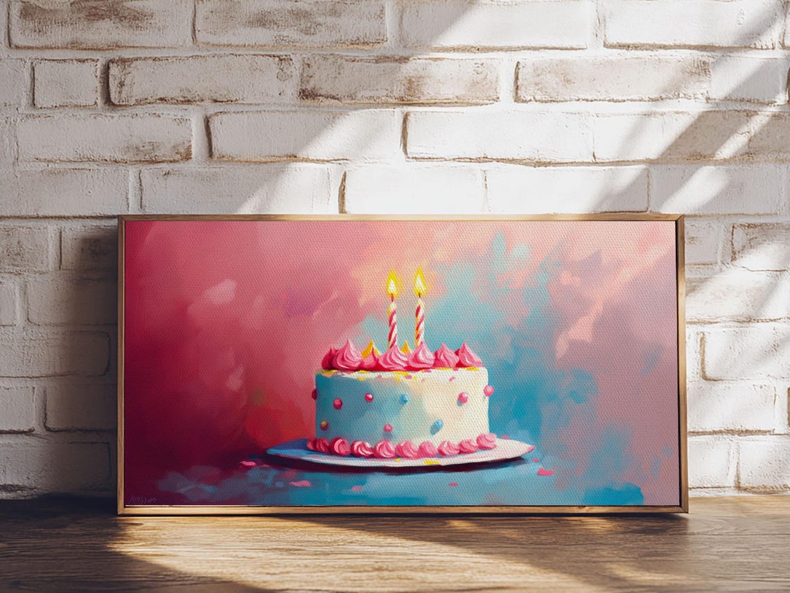 Pink Birthday Cake With Lit Candles Painting Preppy Kitchen Poster - Image 4
