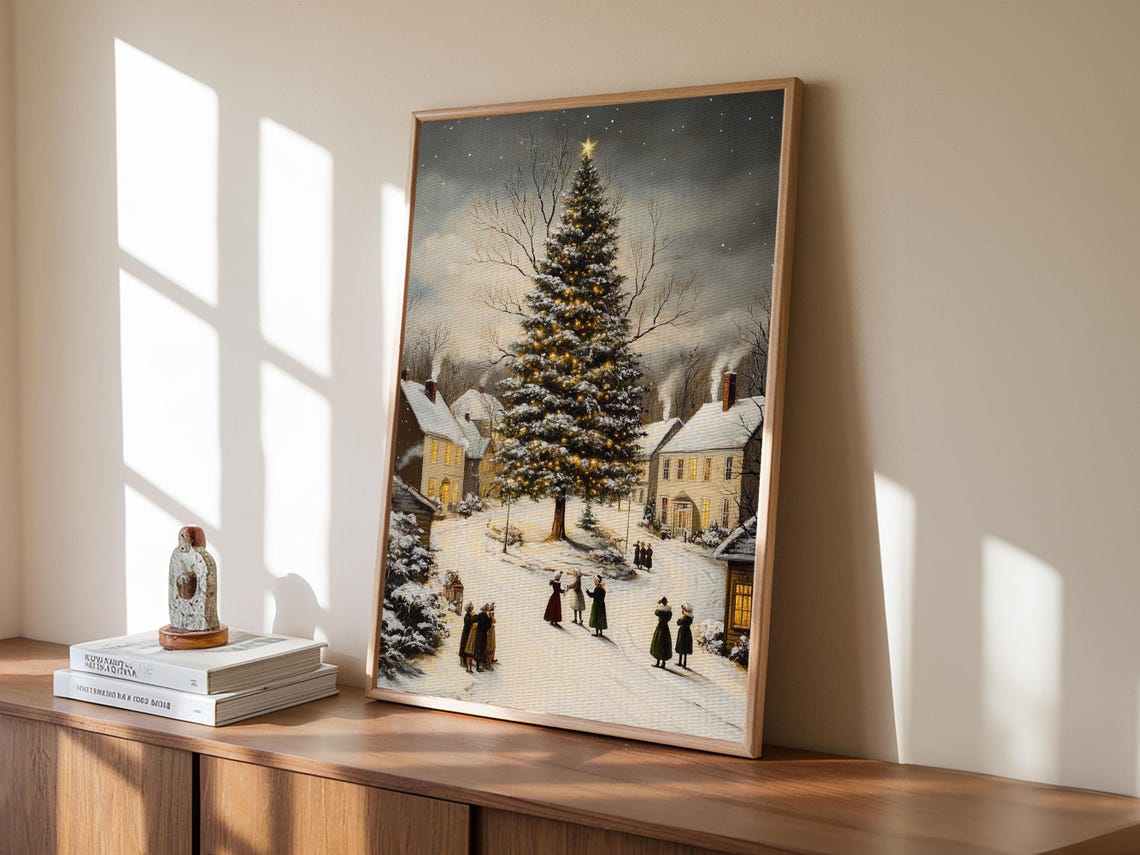 Snowy Christmas Village With Lit Tree Night Scene Holiday Art Poster - Image 3