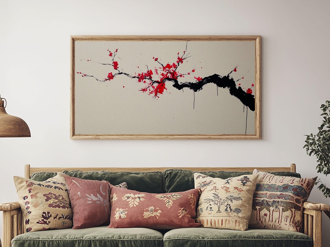 Cherry Blossom Branch Ink Painting Red Blooms Japanese Sumi Art Print
