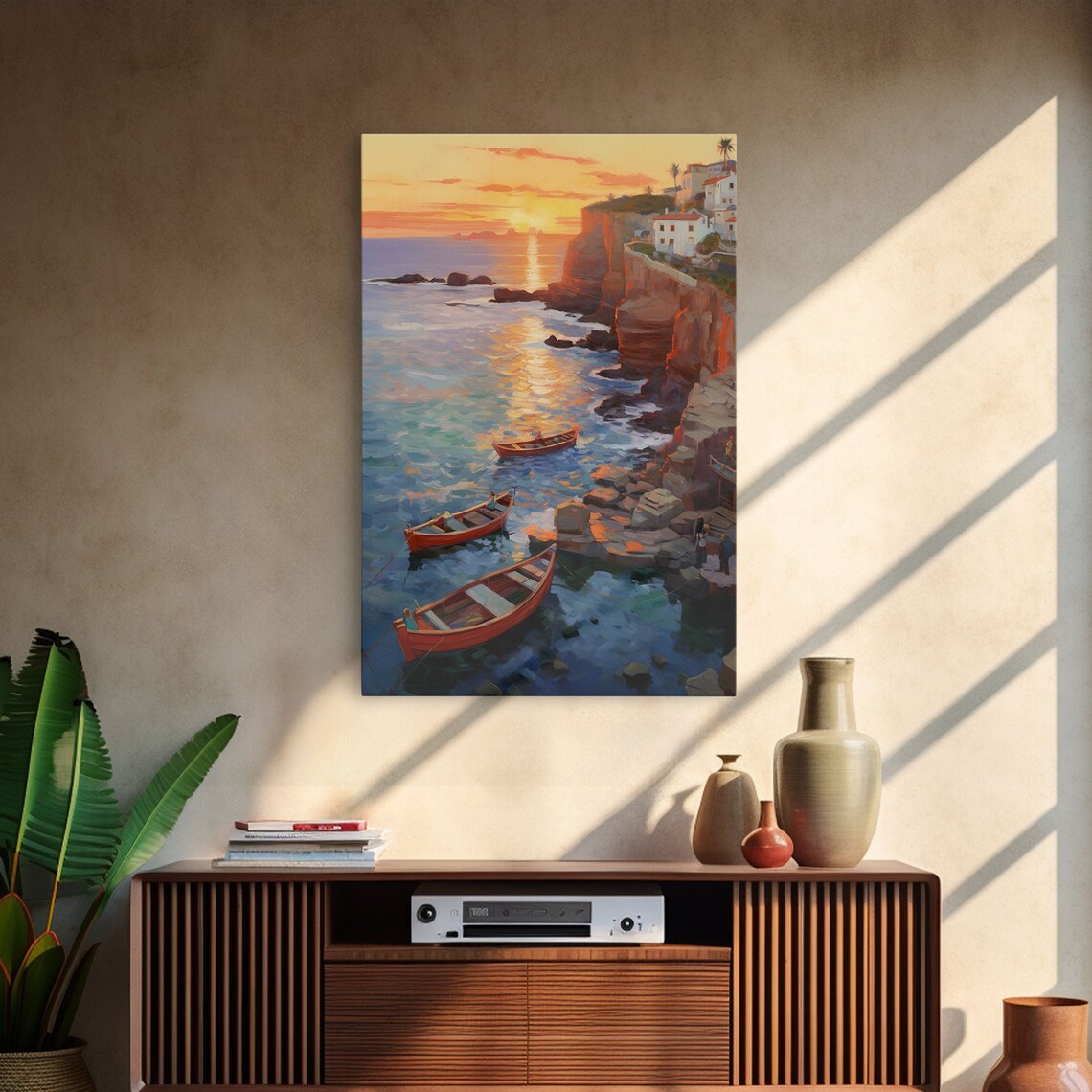 Seaside Cliff Town Fishing Boats Sunset Harbor Painting Art Poster - Image 3