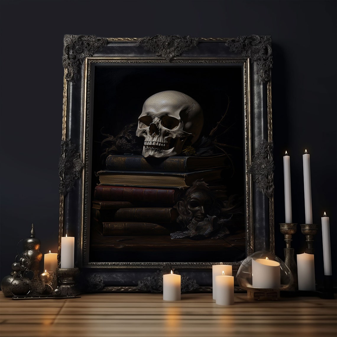 Witch Library Skull On Old Books Dark Candlelit Gothic Art Poster