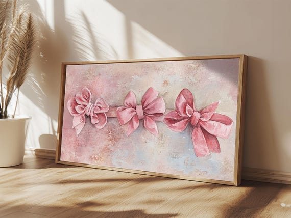 Pink Bow Watercolor Print Feminine Rustic Art Whimsical Wall Decor Cottagecore Pastel Painting Living Room Gift Idea