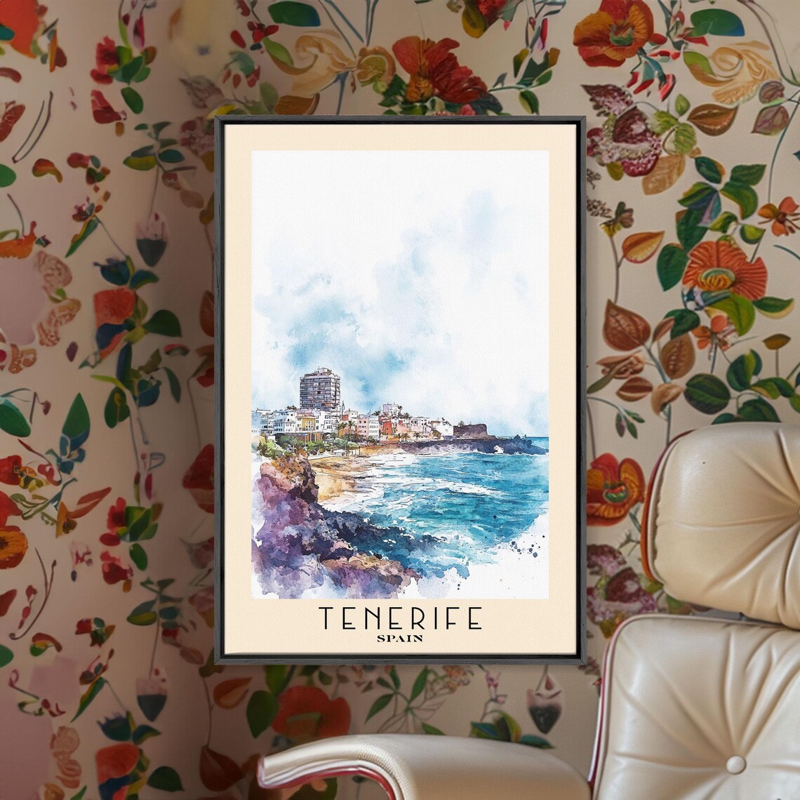 Tenerife Spain Coastal Town Rocky Cove Turquoise Sea Watercolor Poster