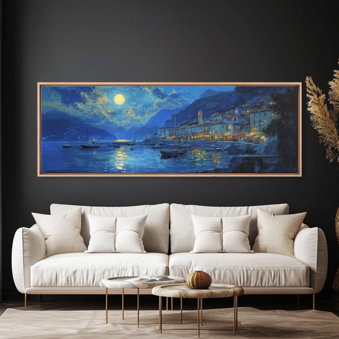 Midnight Full Moon Over Italian Coastal Harbor Night Lights Poster - Image 5