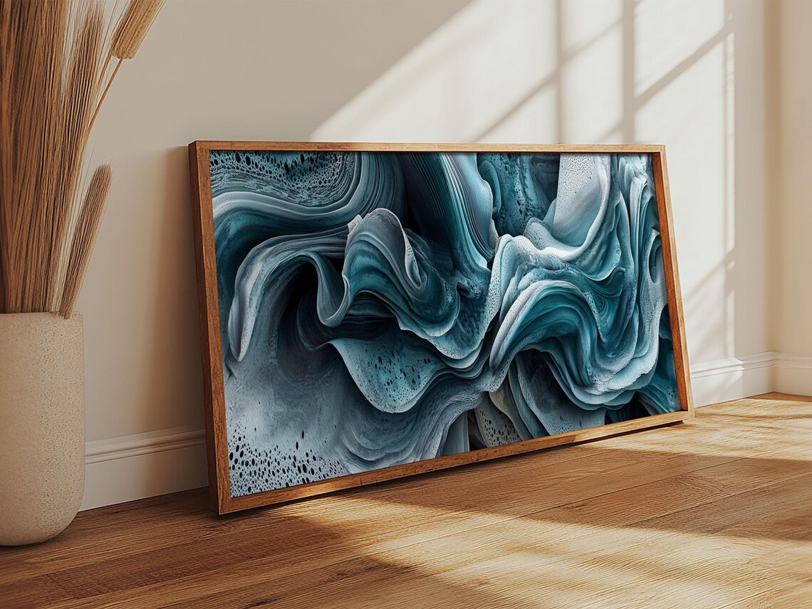 Blue Textured Ocean Wave Abstract Fluid Sage Coastal Bedroom Wall Art Print - Image 6