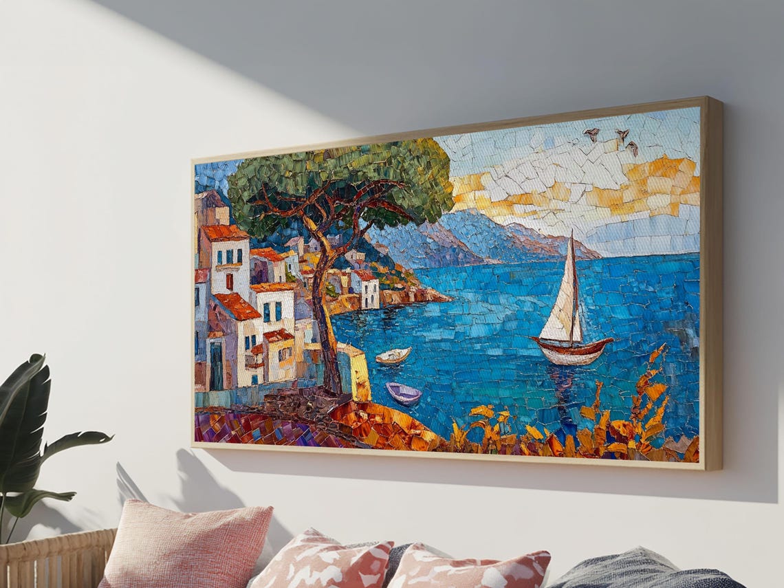 Mediterranean Coastal Village Mosaic Sailboat Blue Sea Travel Poster - Image 3