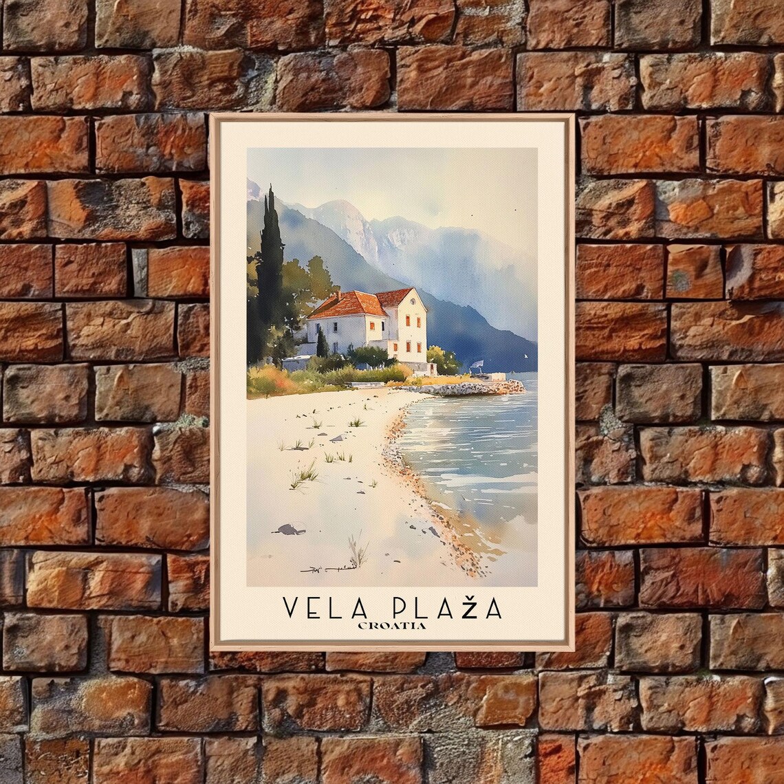 Vela Plaza Croatia Watercolor Beach And Mountain Coast Travel Poster