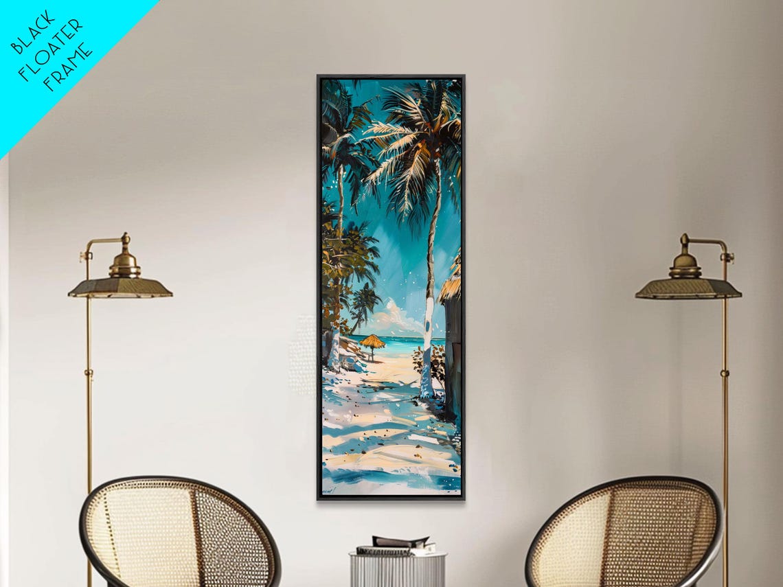 Palm Trees Over Sandy Beach Path With Umbrella Bright Tropical Poster