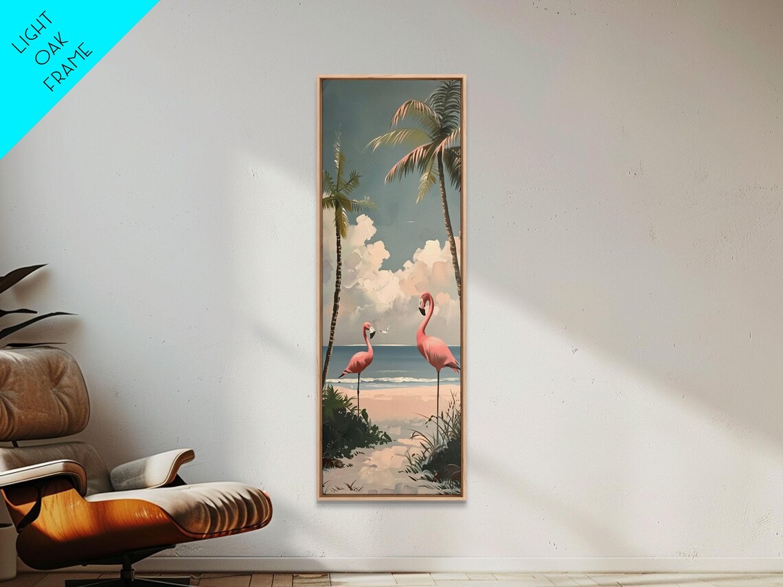 Pink Flamingos Tropical Beach Sunset Palms Retro Coastal Art Poster - Image 4