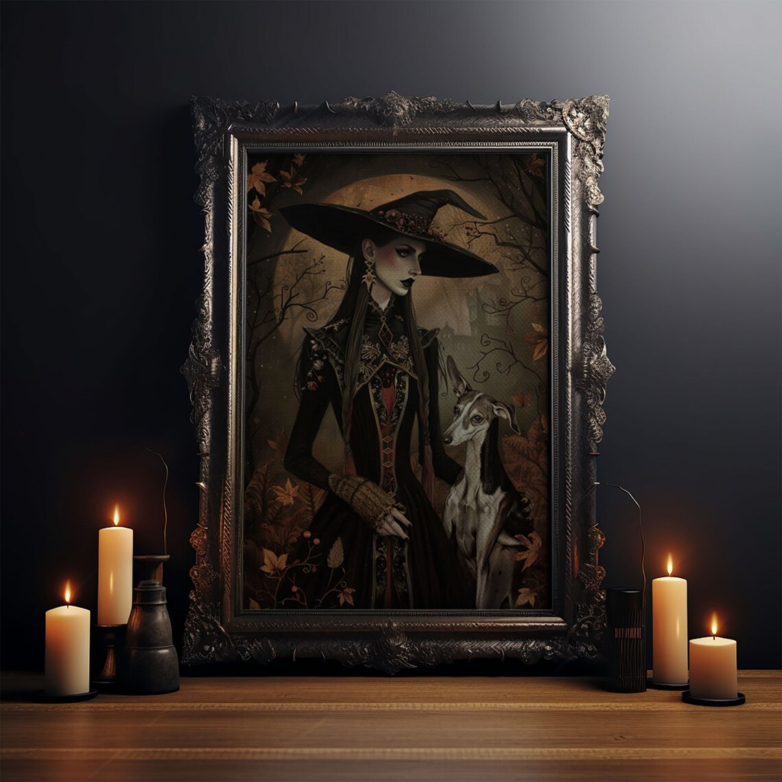 Gothic Witch With Elegant Dog, Halloween Art Print - Image 4