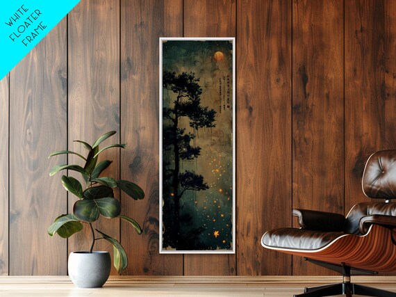 Pine Tree Moonlit Sky Japanese Art Skinny Art Tall Art Framed Print Ukiyo E Style