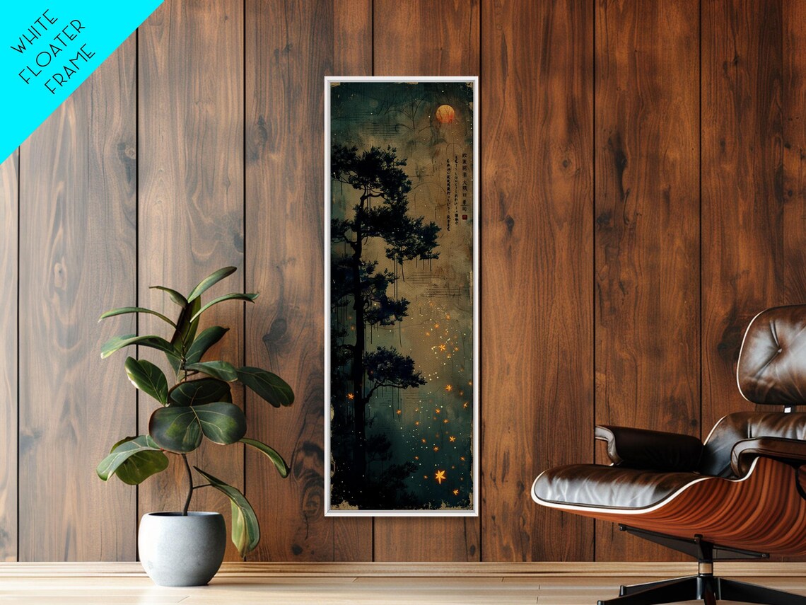 Pine Tree Moonlit Sky Japanese Art Skinny Art Tall Art Framed Print Ukiyo E Style