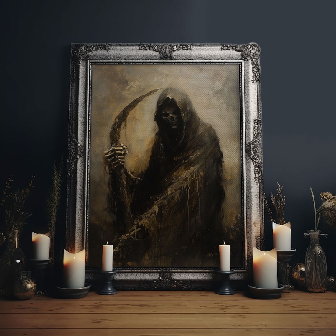 Grim Reaper Scythe Dark Gothic Sepia Oil Painting Horror Poster
