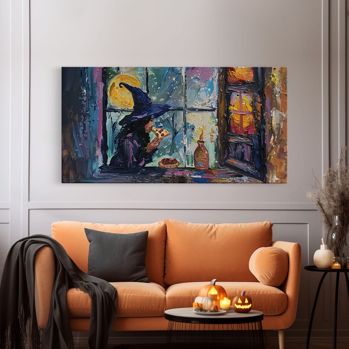 Witch Eating Pizza By Window At Night Funny Impasto Halloween Print