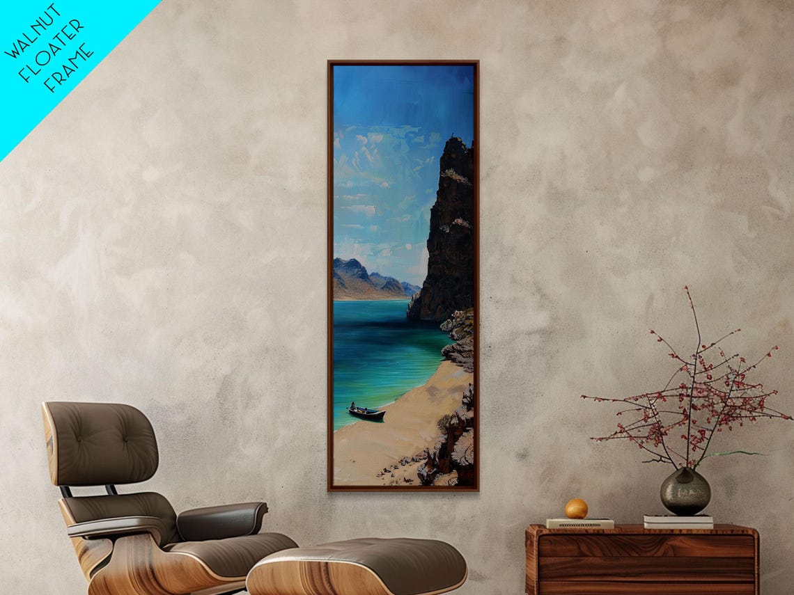Rocky Cliff Cove Turquoise Bay Sandy Beach Boat Coastal View Poster - Image 6