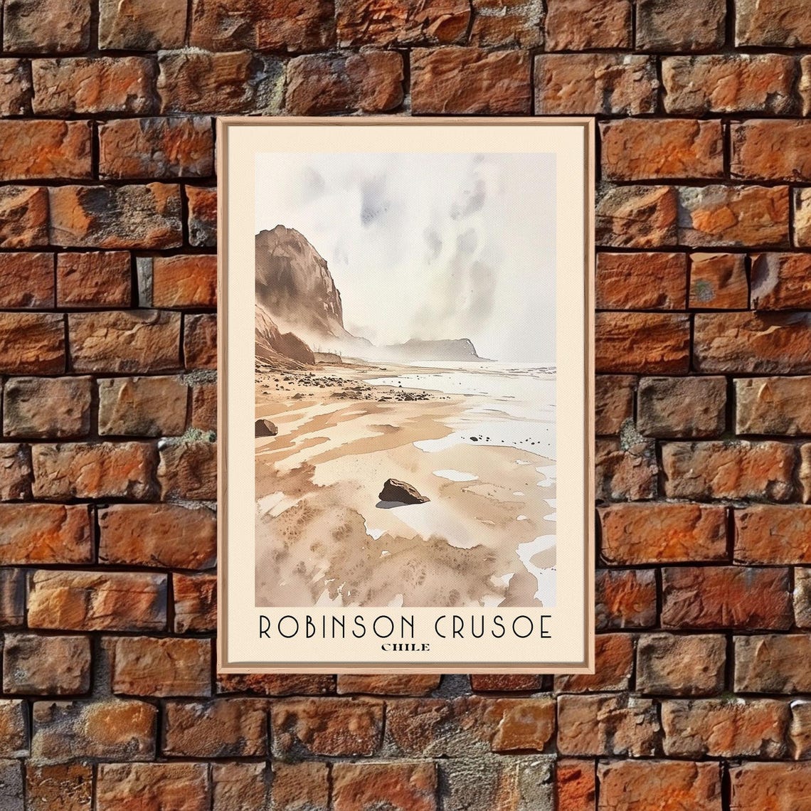 Robinson Crusoe Chile Misty Cliff Beach Sepia Watercolor Poster