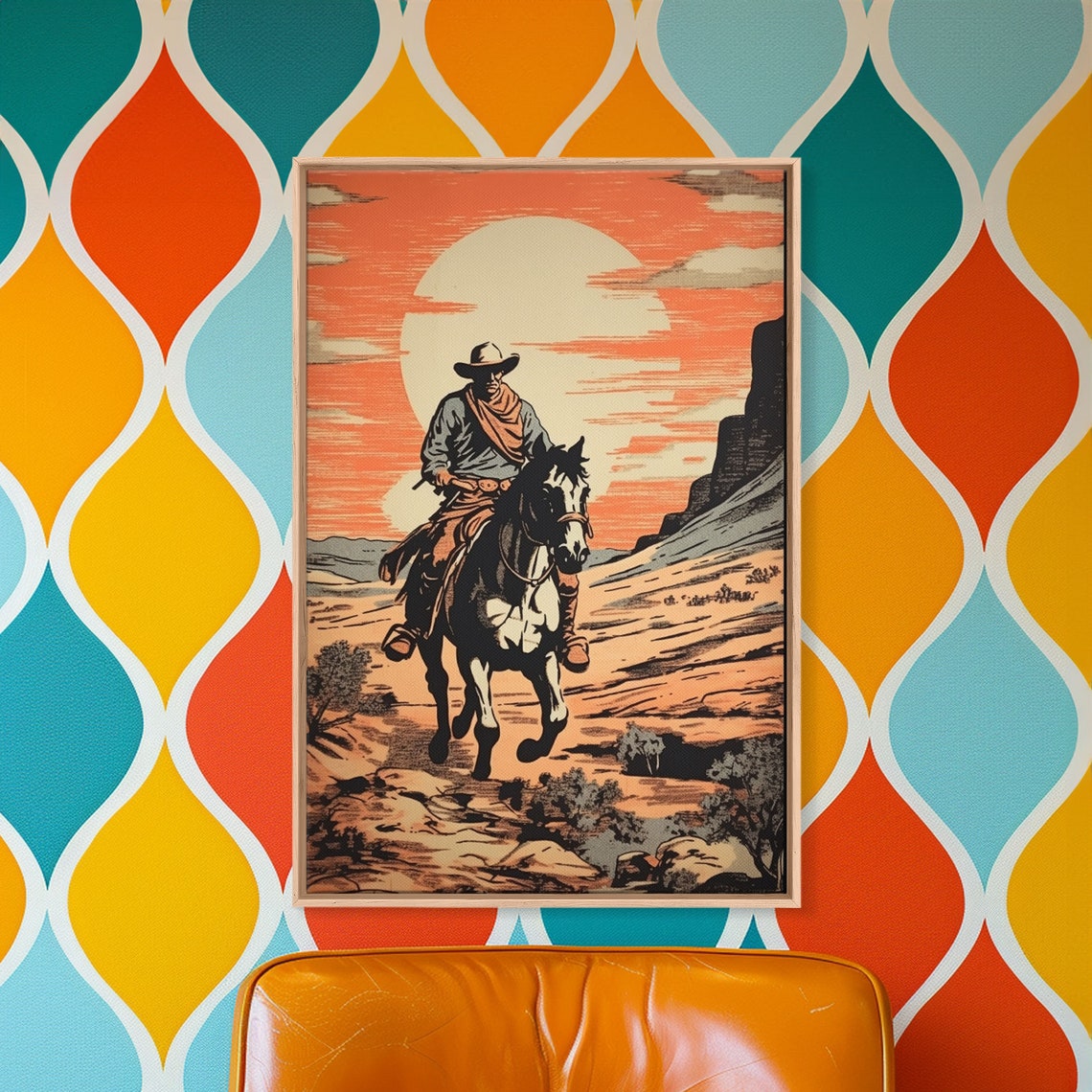 Cowboy On Horseback At Sunset Desert Canyon Silhouette Art Poster - Image 3