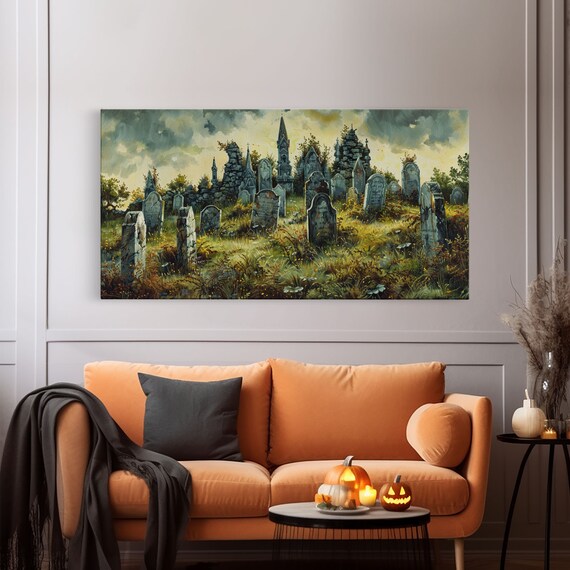 Haunted Cemetery Overcast Old Tombstones Ruined Chapel Spooky Wall Art