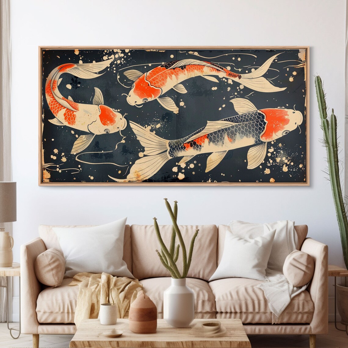 Japanese Koi Fish Trio Ukiyo E Style Dark Teal Water Zen Art Poster - Image 3