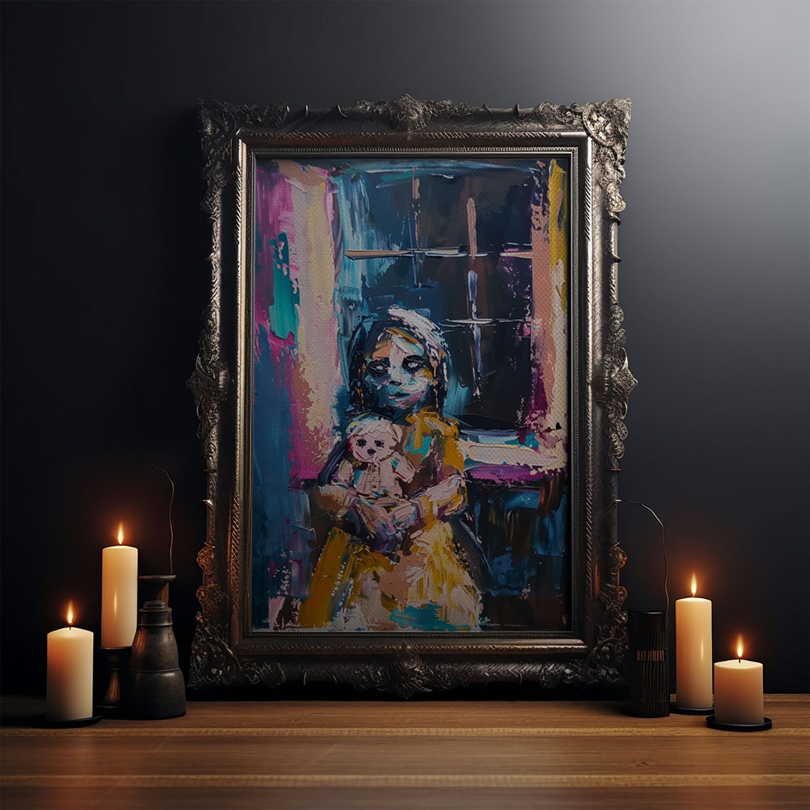 Spooky Girl With Doll Abstract Expressionist Creepy Art Wall Poster - Image 3