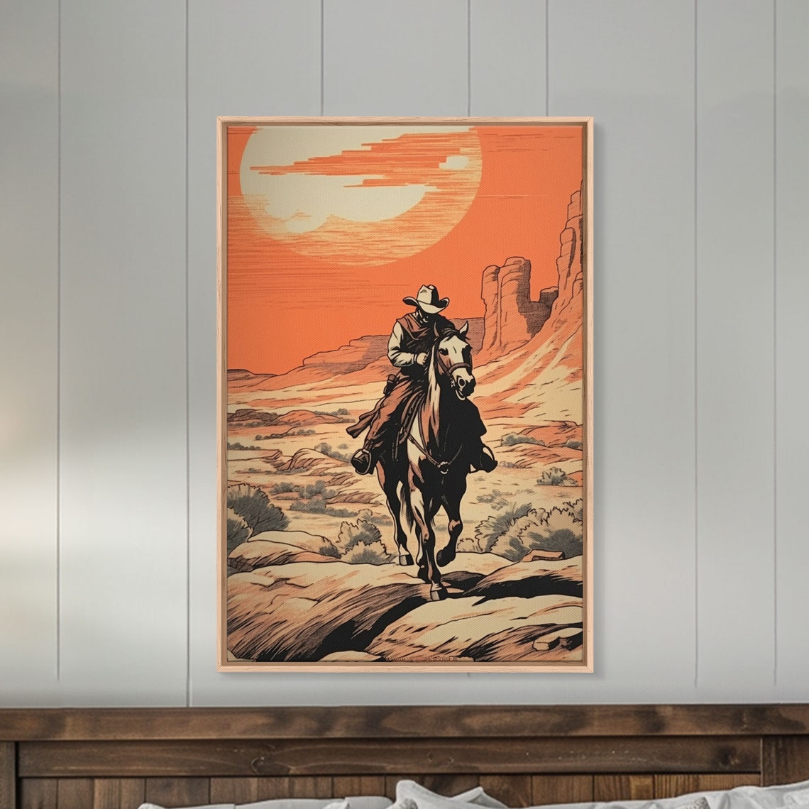 Lonely Cowboy On Horseback Giant Sun Desert Trail Western Art Poster