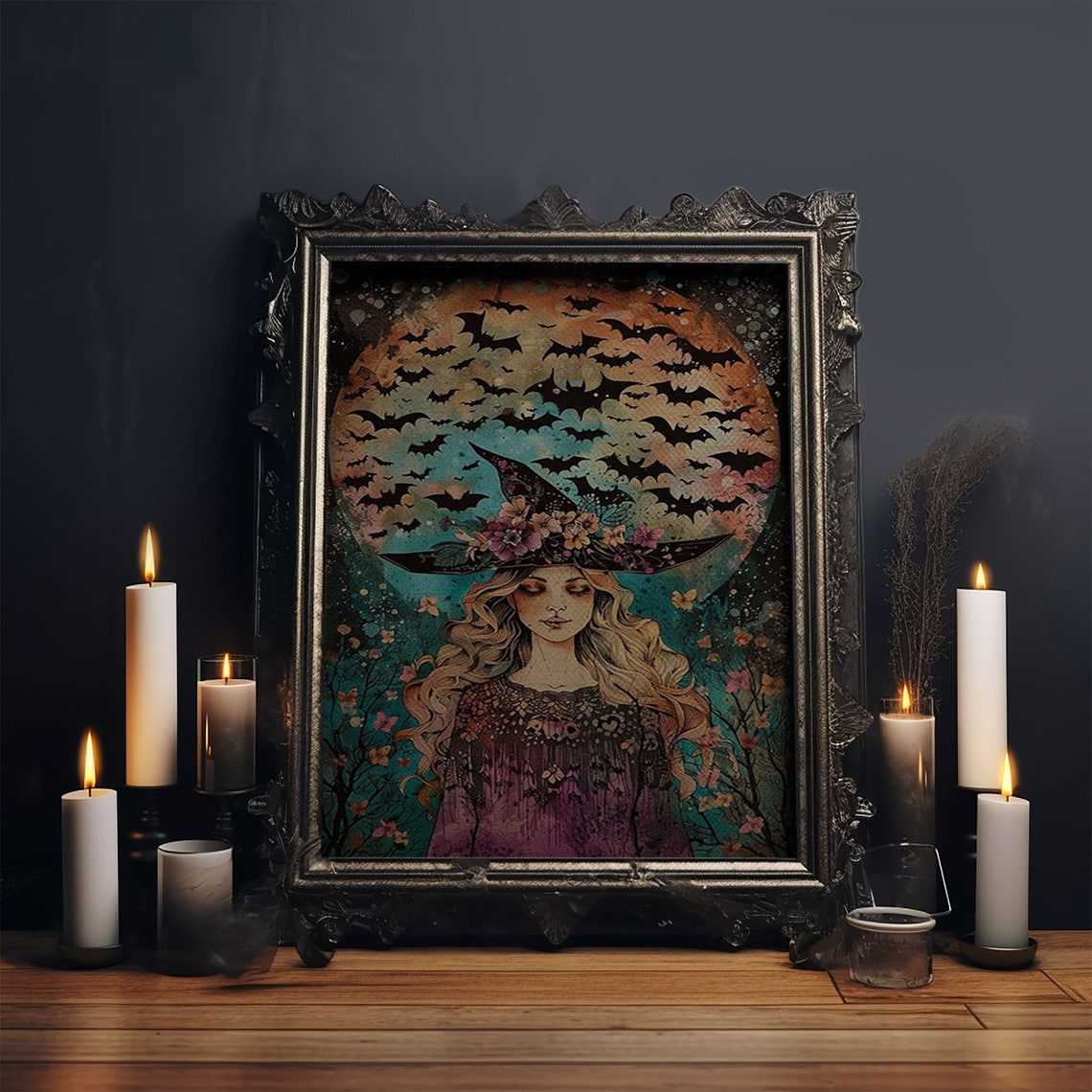 Blonde Witch With Bats Under Full Moon Floral Hat Illustration Poster - Image 6