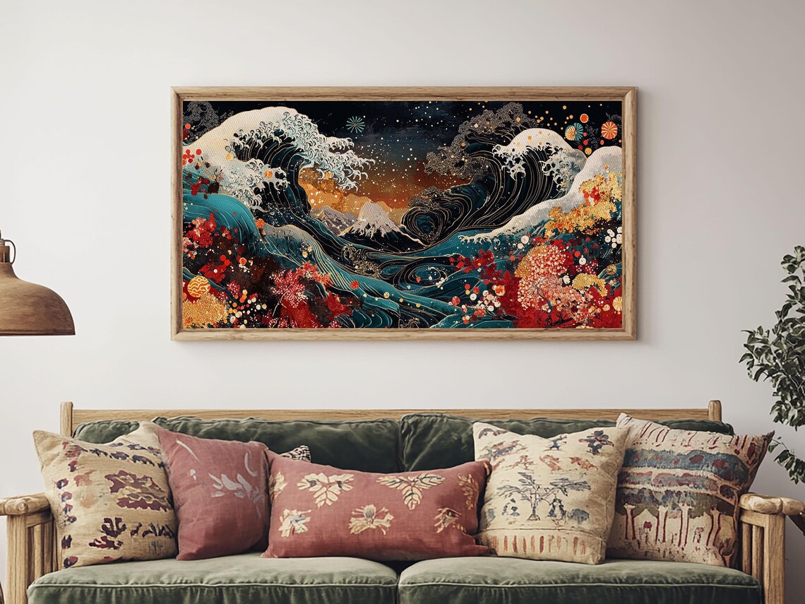 Japanese Great Wave Mt Fuji Cherry Blossom Floral Ukiyoe Style Wall Art Print - Image 3