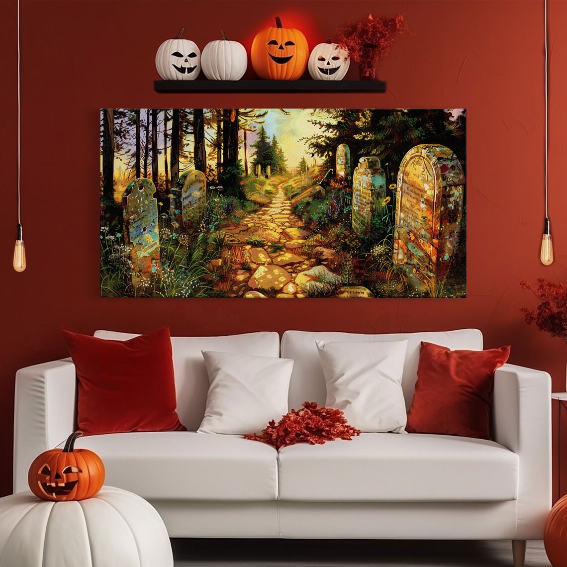 Haunted Cemetery Springtime Stone Path Flowering Trees Colorful Halloween Print