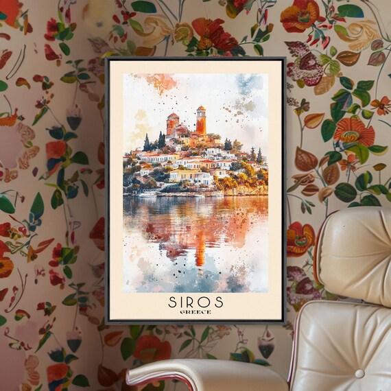 Siros Greece Hilltop Churches Harbor Town Warm Reflection Watercolor Poster