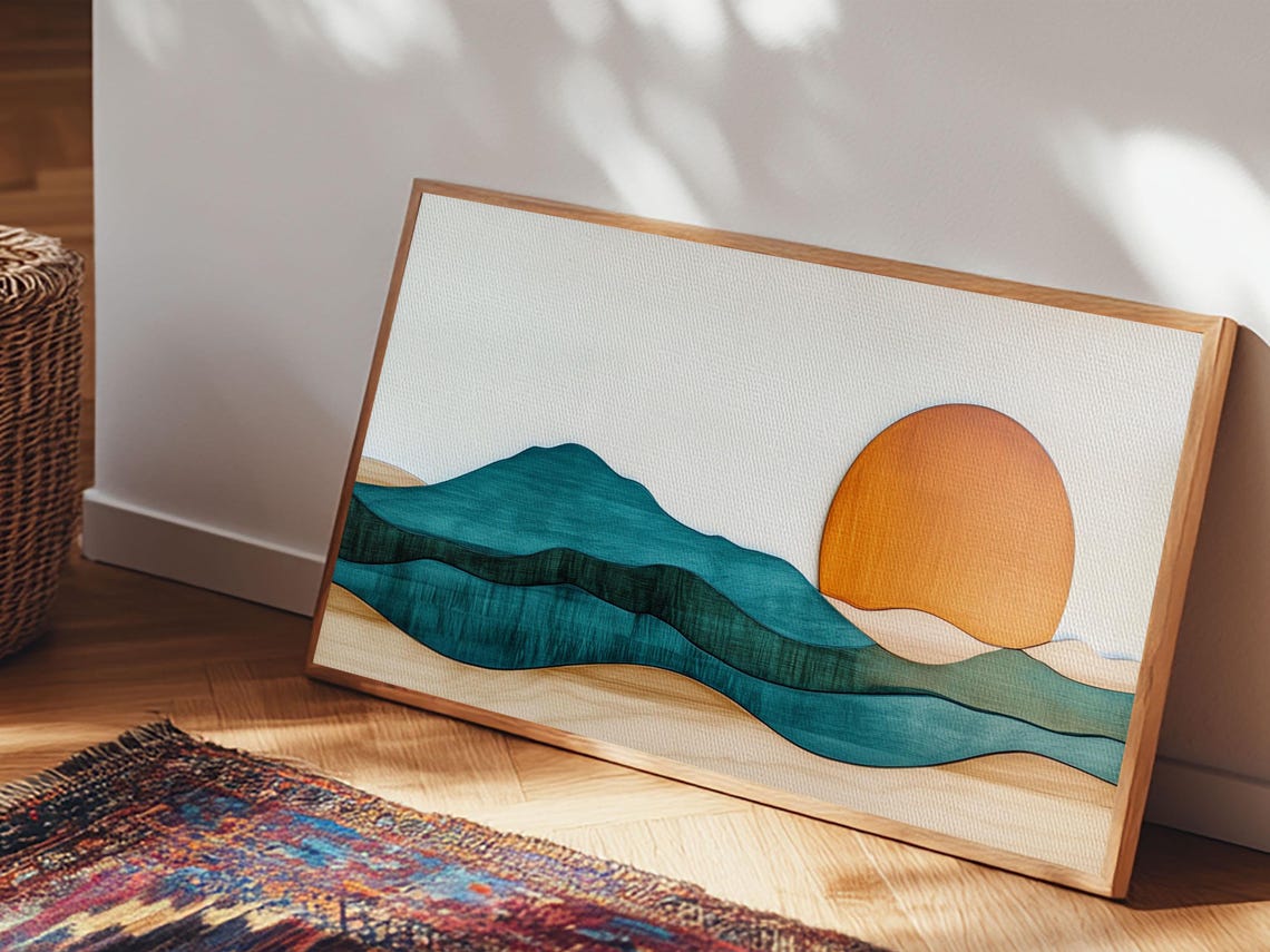 Minimalist Boho Sunset Mountain Waves Teal Orange Landscape Poster - Image 5