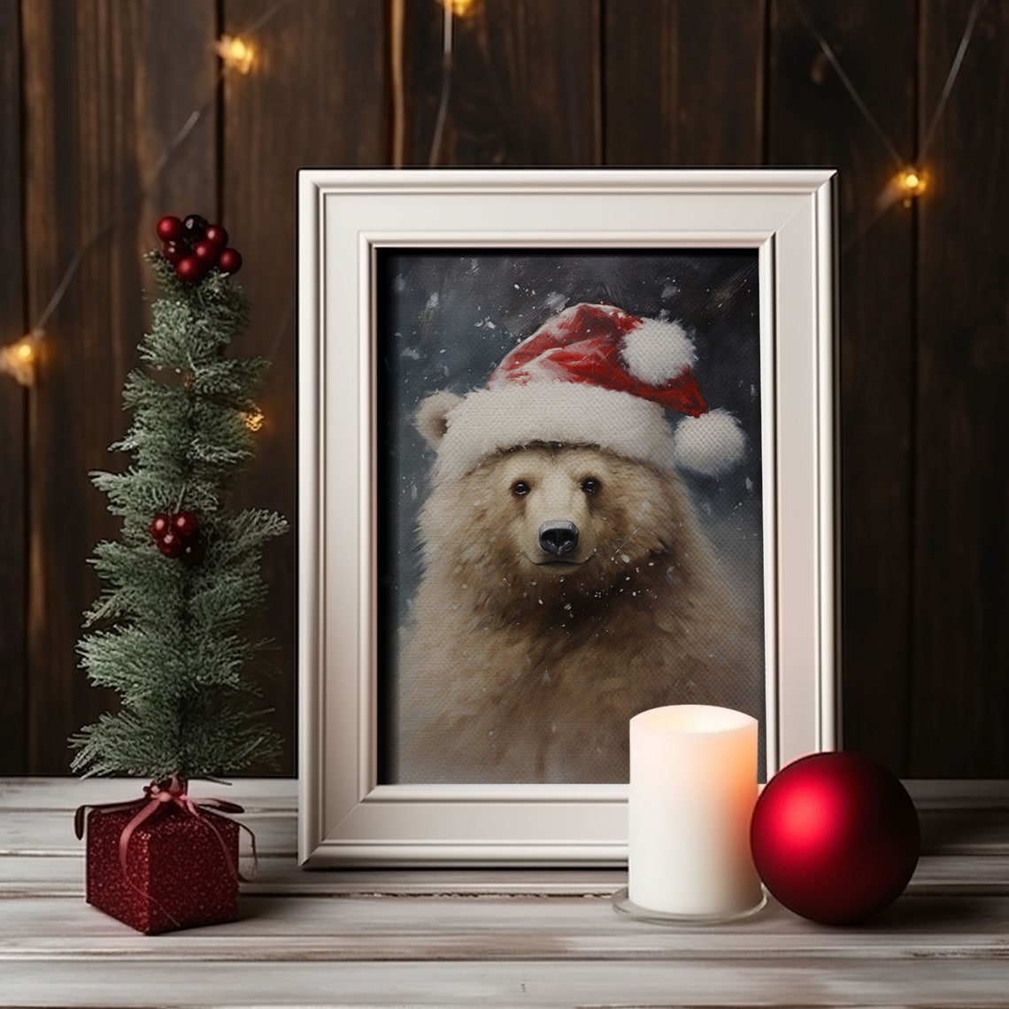 Cute Fluffy Brown Bear Wearing Red Santa Hat Snow Christmas Poster - Image 4