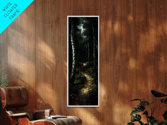 Mysterious Birch Forest Path Tall Skinny Art Framed Print For Serene And Calming Wall Decor In Homes Or Offices