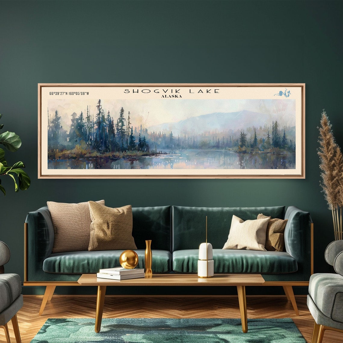 Shogvik Lake Alaska Watercolor Pines Misty Mountain View Travel Poster - Image 2