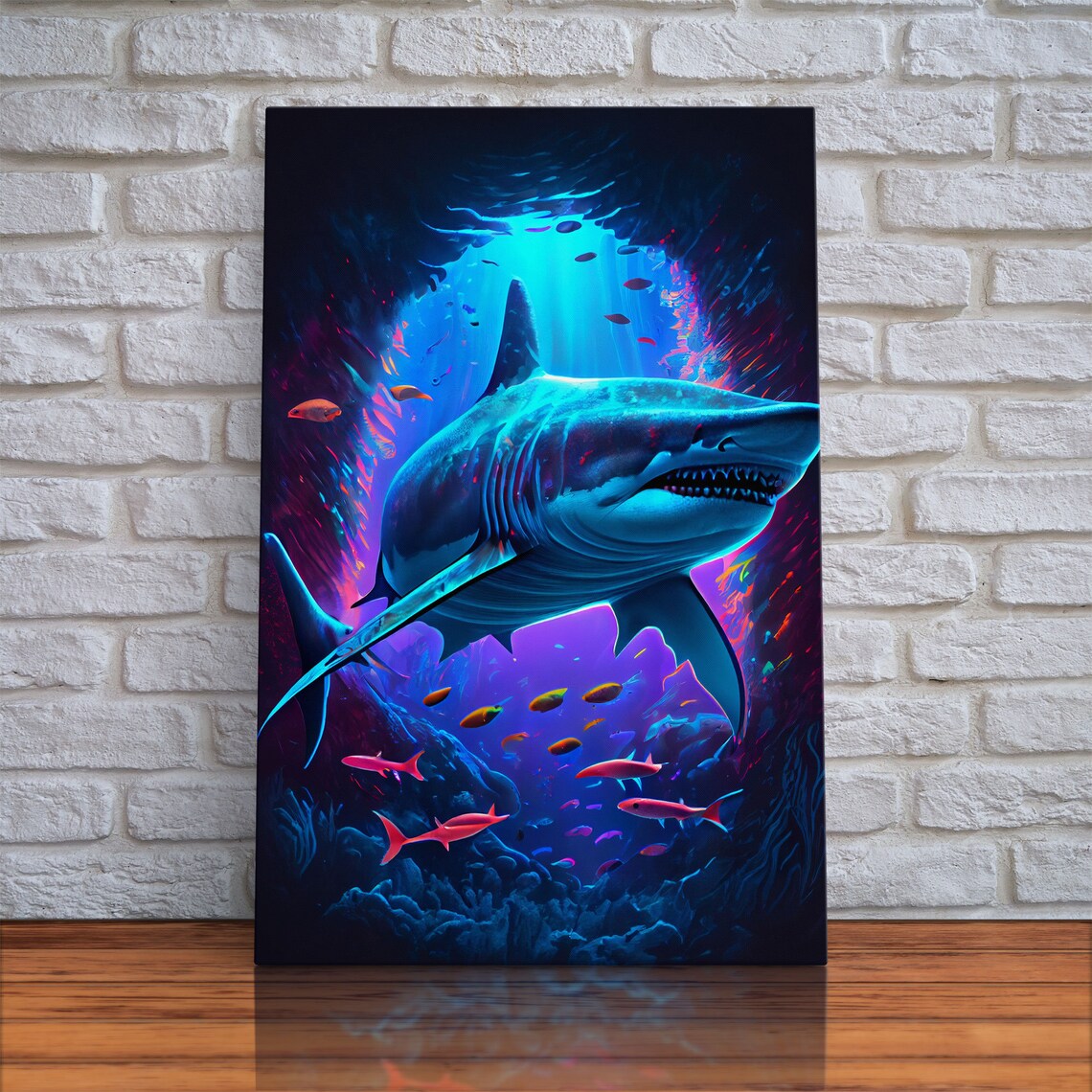 Shark Colorful Retro-Style Watercolor Ocean Poster Print - Image 3