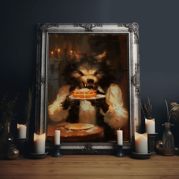 Werewolf Eating Hotdogs Candlelit Table Funny Halloween Art Poster