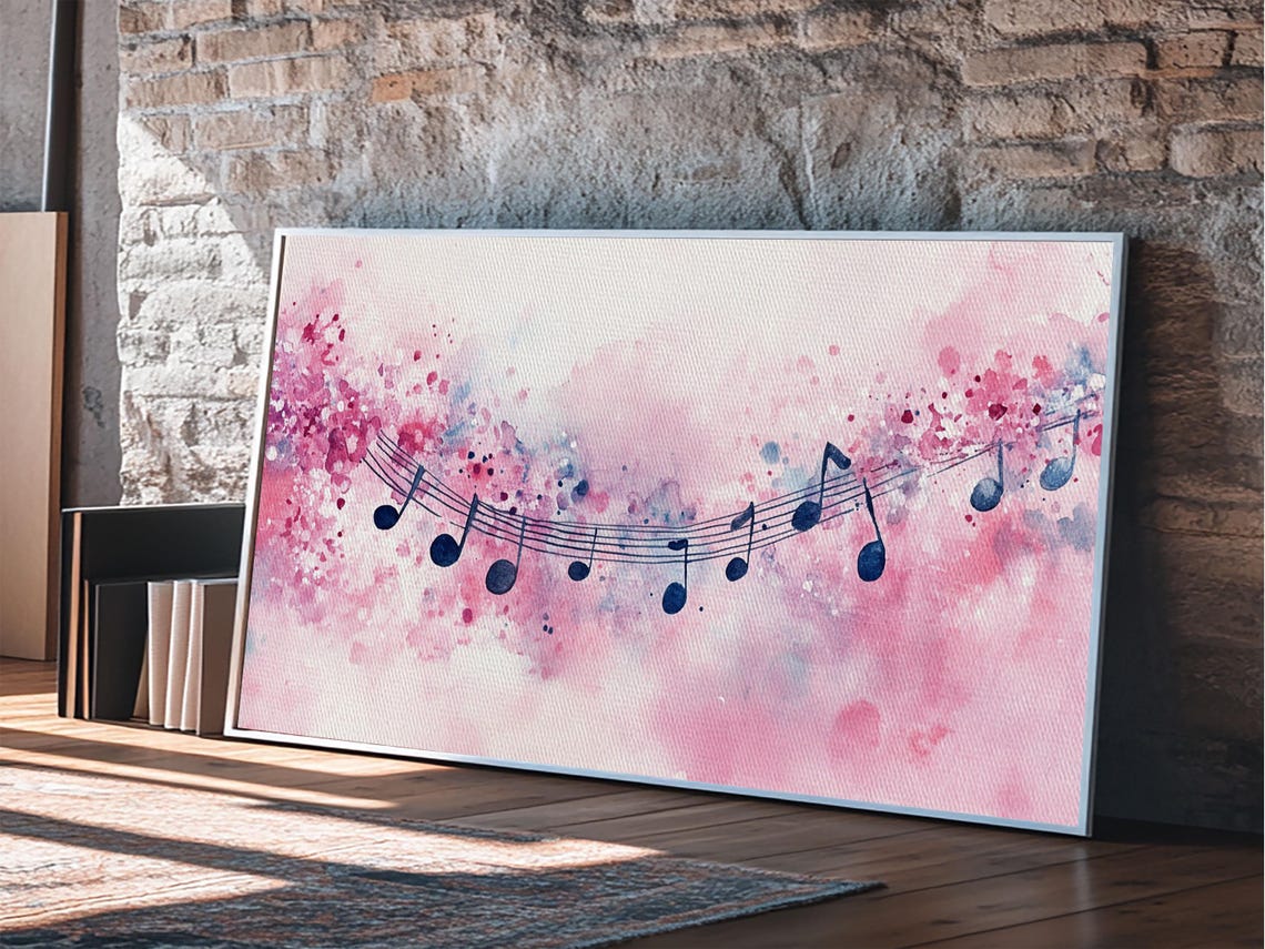 Pink Watercolor Music Notes Melody Staff Splash Romantic Wall Poster - Image 2