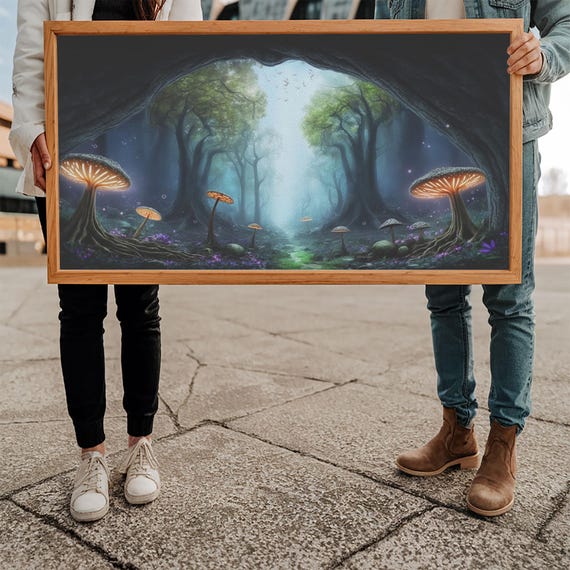 Magical Enchanted Mushroom Forest Fantasy Art Framed Print Bioluminescent Butterflies In An Enchanted Forest Glowing Art