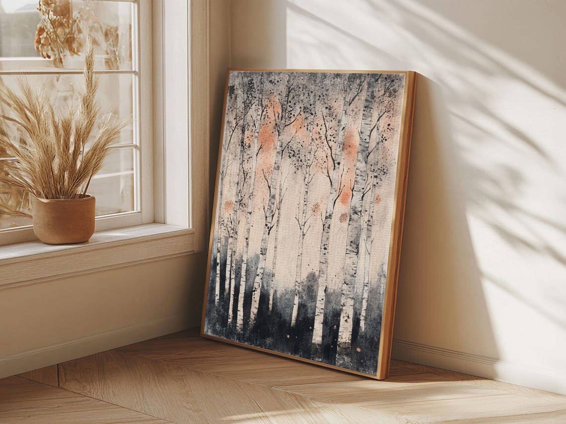 White Birch Trees Misty Forest Minimalist Blush Pink Woodland Poster